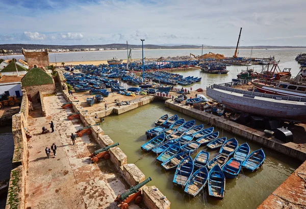 Essaouira Port Morocco Blue Fishing Boats Ancient Famous Fort Background — Stock Photo, Image