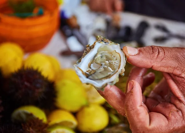 Hand Metalen Snijbestendige Handschoen Het Aanbieden Van Een Vers Geopende — Stockfoto