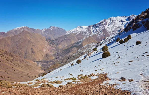 Vista Sobre Jebel Toubkal Nas Montanhas Alto Atlas Pico Mais — Fotografia de Stock