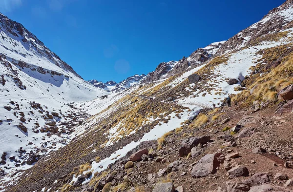 Vista Sobre Jebel Toubkal Nas Montanhas Alto Atlas Pico Mais — Fotografia de Stock