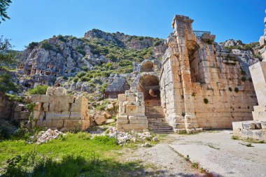Antik şehir, Myra Demre yakınındaki. Türkiye. Küçük Asya, antik mezar kayaya yapılmış