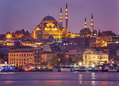 Süleymaniye Cami, gece görünümüne Galata Köprüsü, Istanbul, Türkiye
