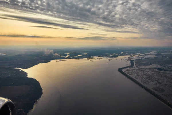 Nascer Sol Aéreo Sobre Asa Avião Voo — Fotografia de Stock