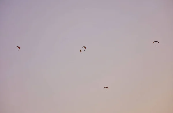 Silhueta Parapentes Contra Céu Dramático Pôr Sol — Fotografia de Stock