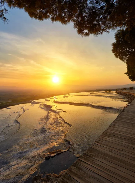 Beautiful Sunrise Natural Travertine Pools Terraces Pamukkale Cotton Castle Southwestern — Stock Photo, Image
