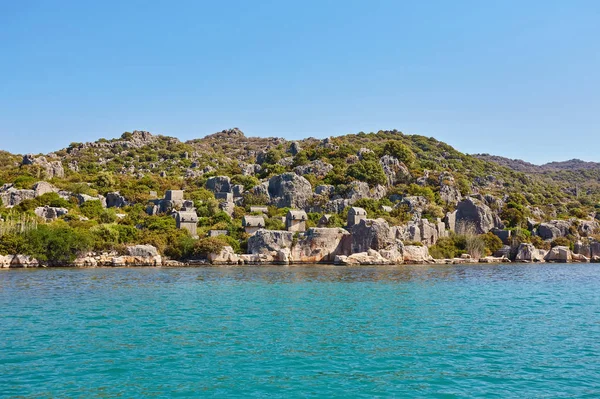 Coast Island Mediterranean Sea Picturesque Ruins Ancient Lycian Towns Tombs — Stock Photo, Image