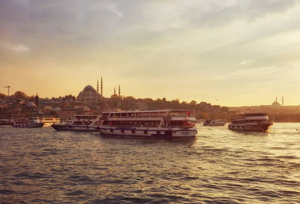 Bosphorus Strait Ferry Boats Sunset Istanbul Turkey — Stock Photo, Image