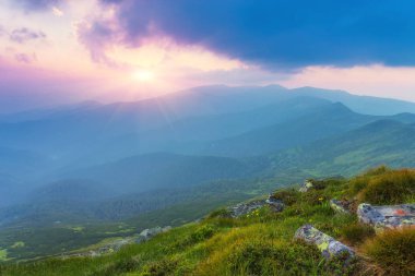 Güneş ışığı tarafından alacakaranlık parlayan Woods görkemli manzara. Dramatik ve pitoresk sabah sahne.