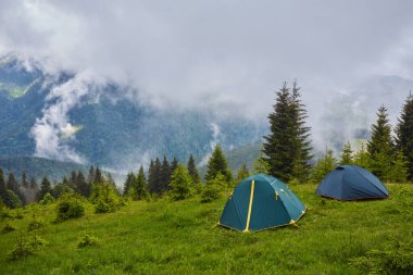 Dağlardaki ormanda kamp ve çadırlar.