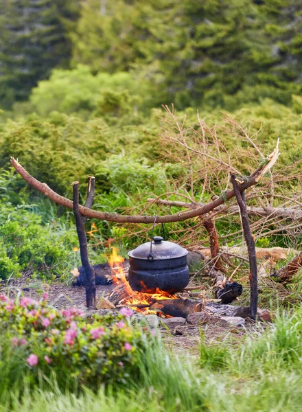 Chaleira em chamas na floresta durante a caminhada ou trekking na natureza . — Fotografia de Stock