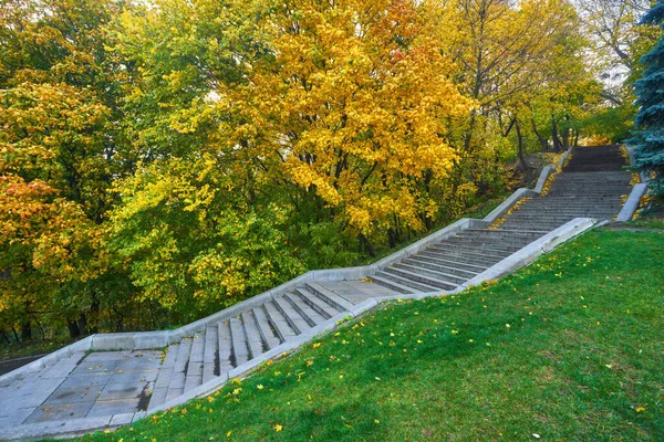 Herbstsonniger Tag, Treppenstufen im alten Park, viele gestürzt — Stockfoto