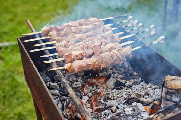 La viande sur les brochettes est rôtie sur le feu — Photo