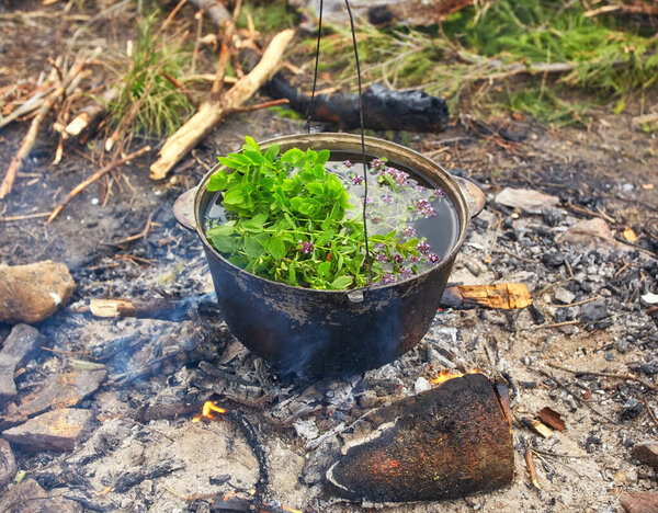 Herbal tea in cauldron is heats up on bonfire, surrounded by stones on background of ashes near green grass and bare feet. Camping in wild close up.