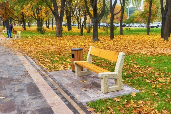 Banco en temporada de otoño con colorido follaje y árboles . —  Fotos de Stock