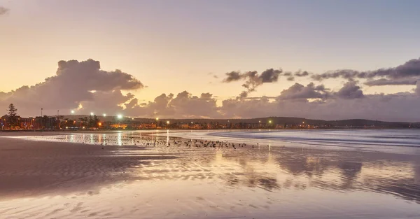 Hermosa puesta de sol en la playa con reflejos de agua, gaviotas en la arena y molinos de viento en el fondo — Foto de Stock