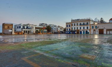 Kahverengi eşek otluyor ve çöplük arazisinde yiyecek arıyor.