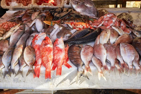 Valódi halpiac és friss hal, az Atlanti-óceánból származó tengeri élelmiszerek — Stock Fotó