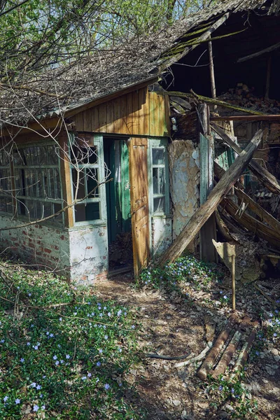 Rovina vecchie case nel villaggio di Zalyssia situato nella zona di esclusione di Chernobyl, popolare località turismo scuro, Ucraina — Foto Stock