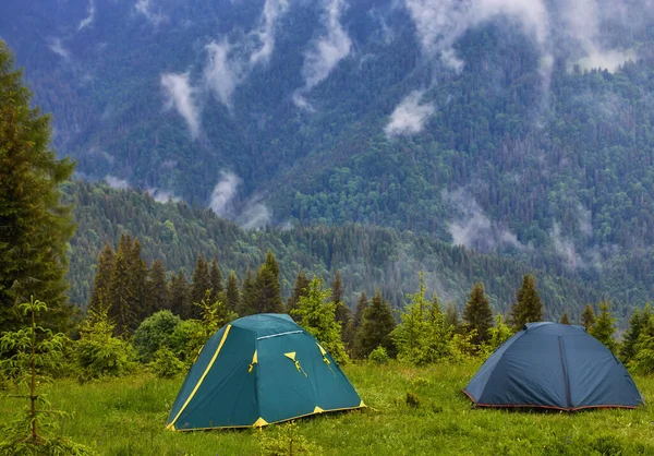 Camping y tiendas de campaña en el bosque en las montañas — Foto de Stock