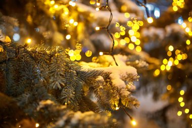 Sokaklardaki Noel süsleri, renkli tatil ışıkları, şehir gece aydınlatması, soyut bulanık şenlik arka planı.