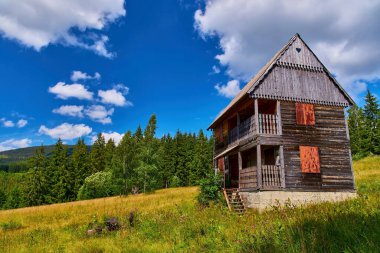 Geleneksel, balkonlu ahşap ev sık ve yeşil bir ormanın yanındaki çimenli bir dağ yamacında duruyor. Parlak mavi yaz gökyüzü beyaz bulutlarla.