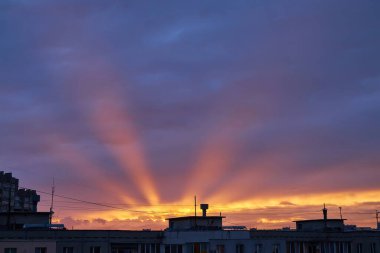 Siluetli bir Kyiv şehri silueti pembe, turuncu ve mor bulutlu canlı bir günbatımı gökyüzüne karşı görünür. İnşaat vinçleri binaların arasında duruyor ve sahne sakin suya yansıyor..