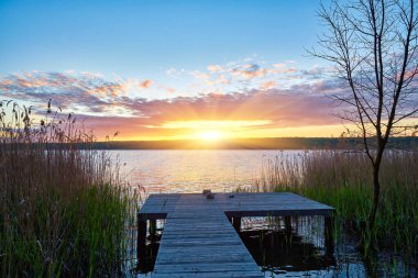 Durgun bir gölün üzerinde gün doğumu ve suya yansıyan altın ışık. Uzun kamışların arasında uzanan ahşap bir iskele, orman ufkunun üzerindeki parlayan güneşe doğru uzanıyor..