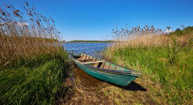Eski bir ahşap tekne, yemyeşil çimenler ve uzun kamışlarla çevrili sakin bir gölün kenarında dinlenir. Gökyüzü açık ve mavidir, huzurlu kırsal yaz atmosferini artırır..