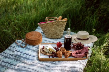 Çimlerde piknik. Sepet meyve, ekmek ve peynir ile