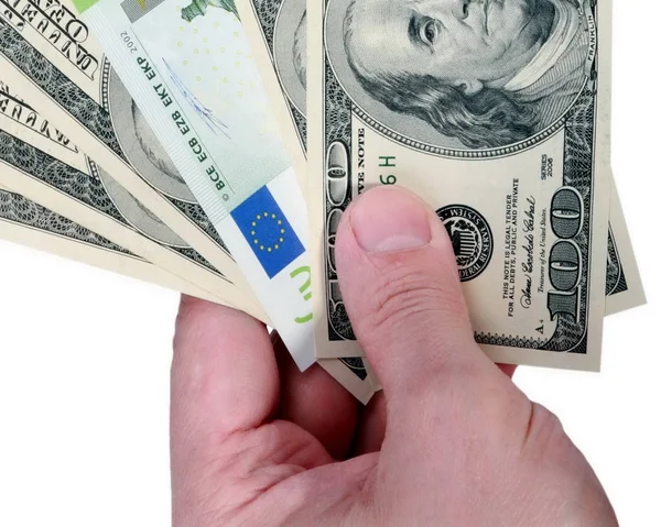 Mão Com Dólar Euro Sobre Fundo Branco — Fotografia de Stock