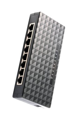 Kurak günde siyah 8 Port Plastik Ethernet Anahtarı beyaz arkaplanda izole edildi