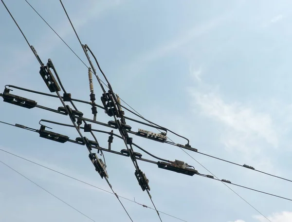 Spårvägen Nätverk Tråd Passage Himmel Bakgrund — Stockfoto