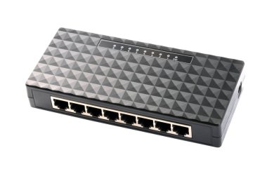 Kurak günde siyah 8 Port Plastik Ethernet Anahtarı beyaz arkaplanda izole edildi