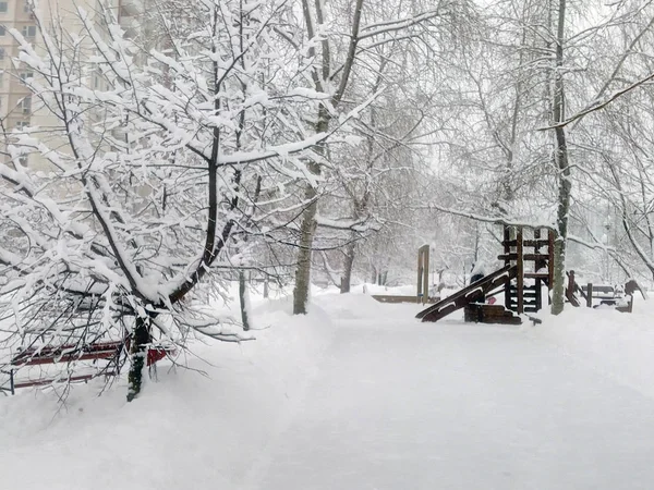 Parco cittadino dopo nevicate diurne — Foto Stock