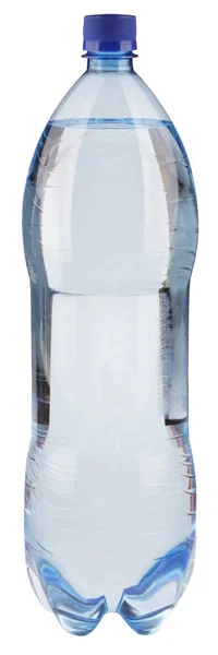 Woda w butelce z niebieską filiżankę na białym tle — Zdjęcie stockowe