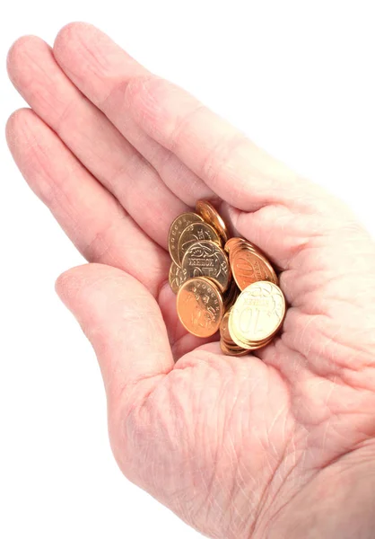 Hand with copper coins on white — Stock Photo, Image