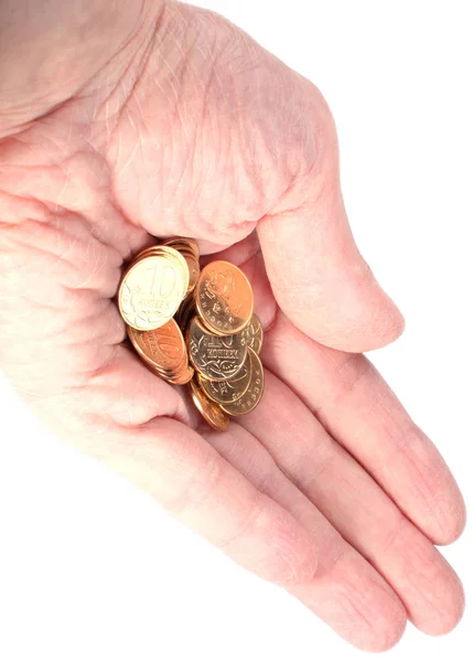 Hand with copper coins on white — Stock Photo, Image