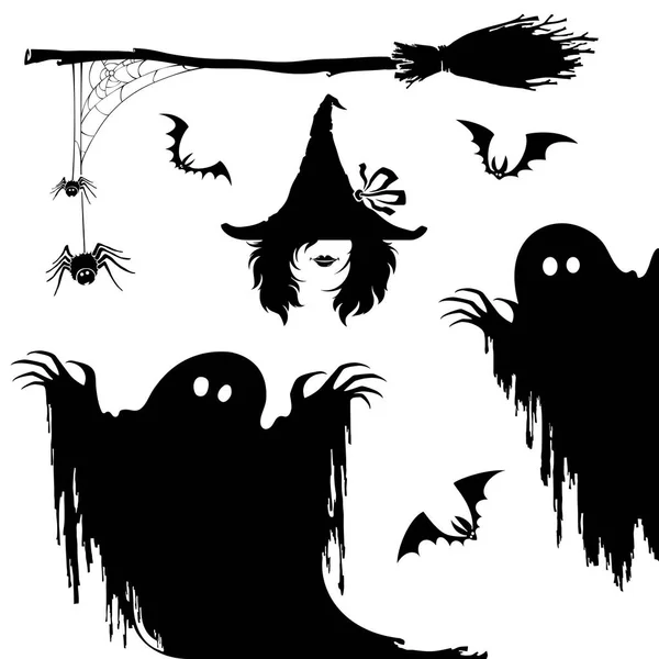 Halloween Icon Set Witch Nightmare Monster Broom Spiderweb — Stock Vector