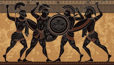 Antik Yunanistan savaşçı. Siyah figür seramik. Antik Yunan sahne afiş. Hero, spartan, efsane. Antik uygarlık kültür.