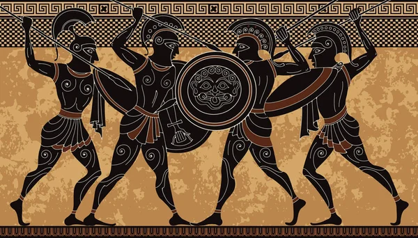 Starożytna Grecja Wojownik Ceramiki Czarny Rysunek Transparent Starożytnej Greckiej Scenie — Wektor stockowy