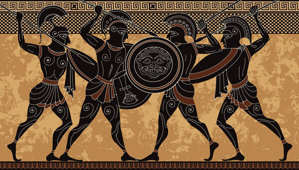 Ancient greece warrior.Black figure pottery.Ancient greek scene banner.Hero, spartan, myth.Ancient civilization culture
.