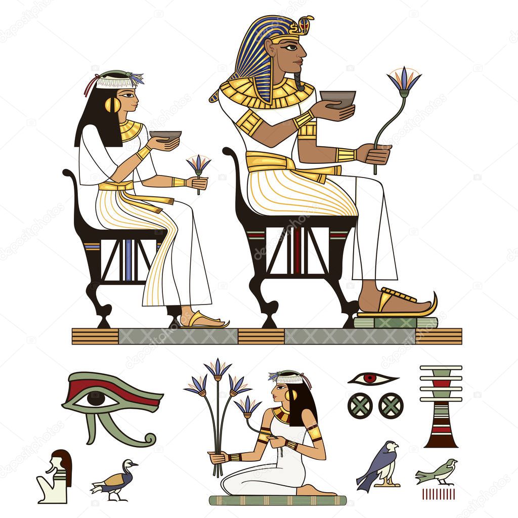 Egyptian hieroglyph and symbol Ancient culture sing and design element.Pharaohs and gods colorful vector.Egypt icons set.