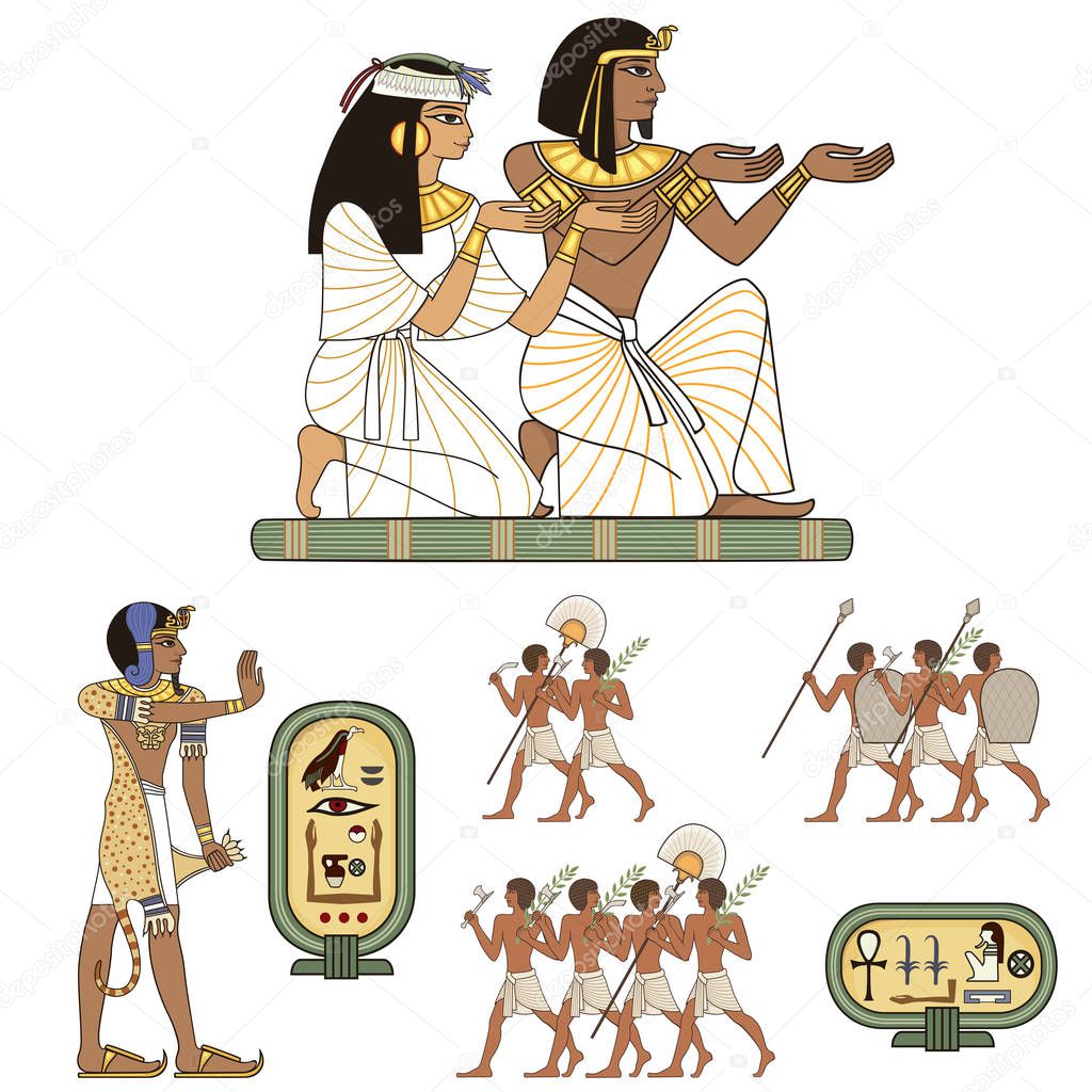 Egyptian hieroglyph and symbol Ancient culture sing and design element.Pharaohs and gods colorful vector.Egypt icons set.