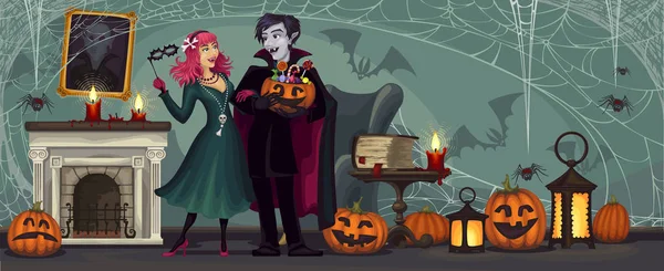 Fiesta Vampires Halloween Aterradora Pareja Sombría Casa Vector de stock