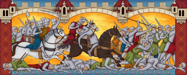 Bataille Médiévale Ancien Manuscrit Battlefild Knights Attaque Vieux Livre Style — Image vectorielle