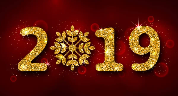 2019 text, zlatá Glitter pozadí pro šťastný nový rok — Stockový vektor