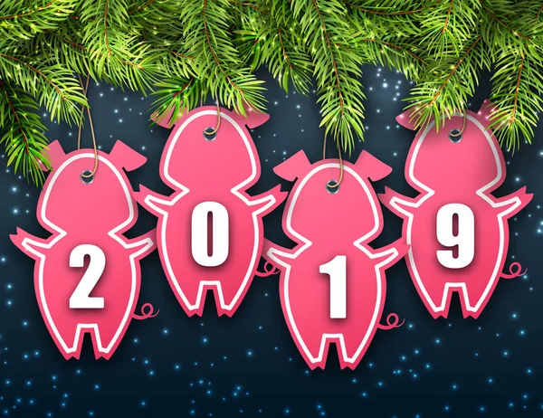 モミ ・ トウヒと幸せな新年 2019年のステッカー豚でお祝い壁紙 — ストックベクタ