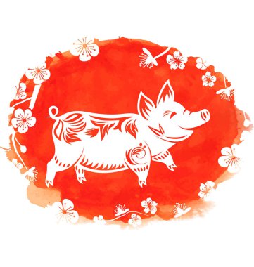 Çiçek domuz, 2019 yıl, çiçeği Sakura çiçek zodyak sembolü ile suluboya arka plan