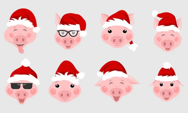 Zestaw Boże Narodzenie świń z Santa kapelusze. Symbol 2019 nowy rok — Wektor stockowy