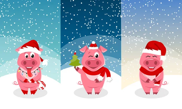 Nowy rok szablony kart, zaproszenie z zabawnymi świń, noszenie czapki Santa — Wektor stockowy